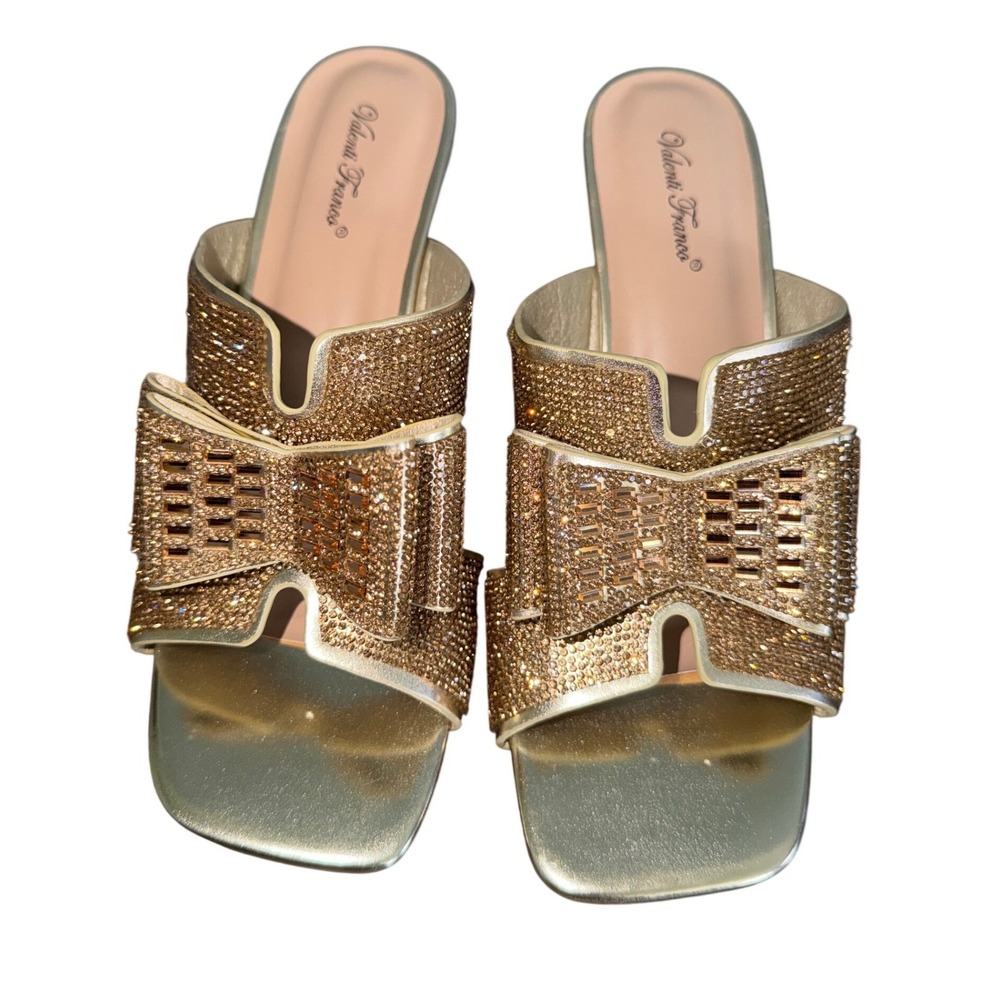 Valenti Franco Becci-3 Womens Gold Rhinestone Bow‎ Block Heel Slide Mules 8.5M